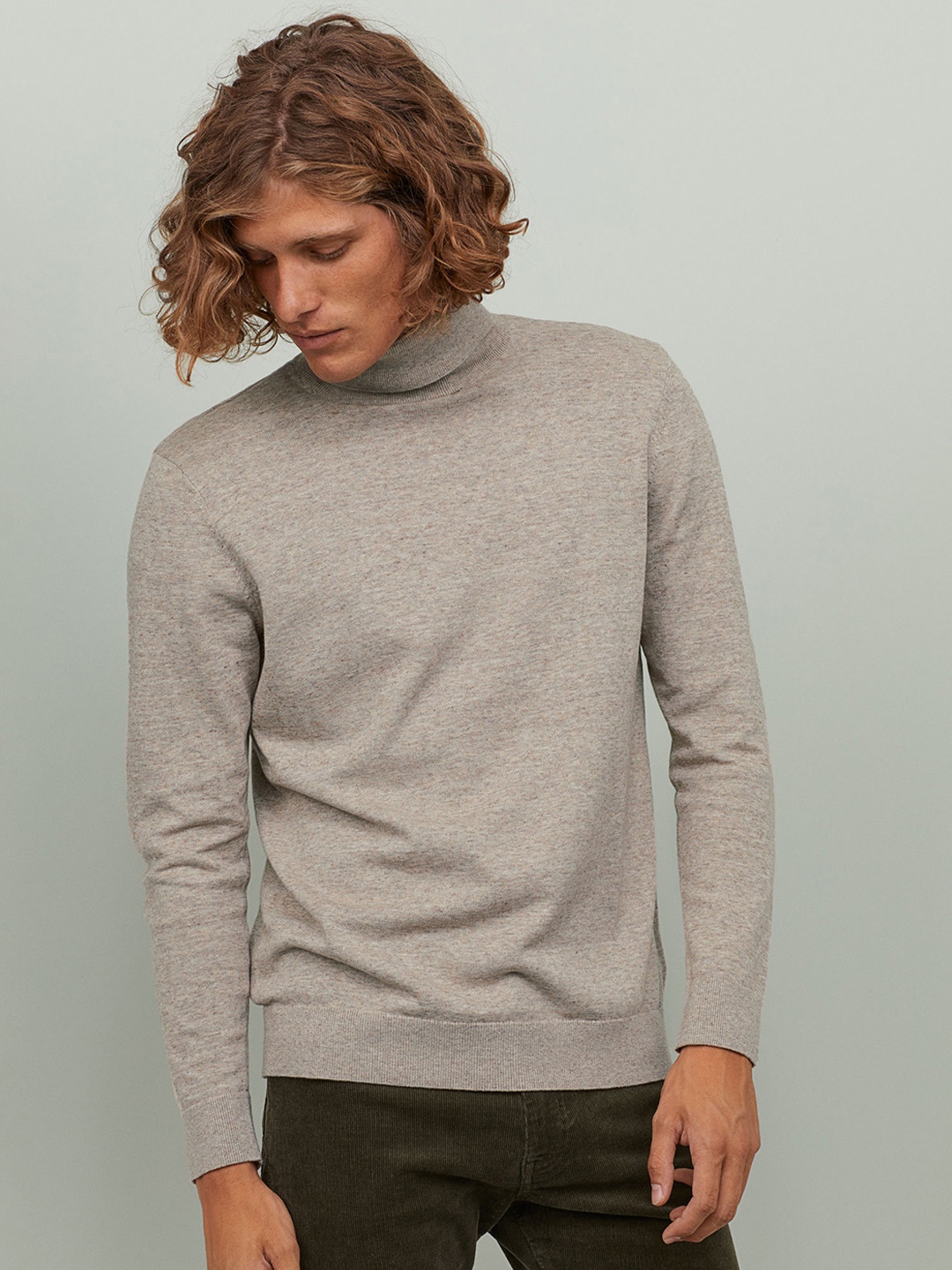 

H&M Men Beige Solid Fine-knit Polo-Neck Jumper