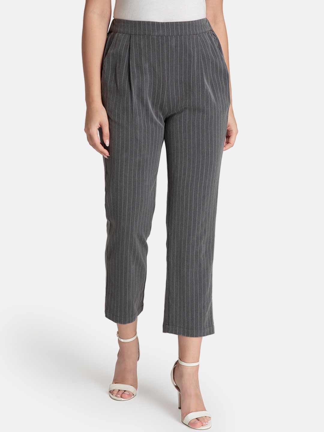 

Kazo Women Grey Slim Fit Striped Cigarette Trousers