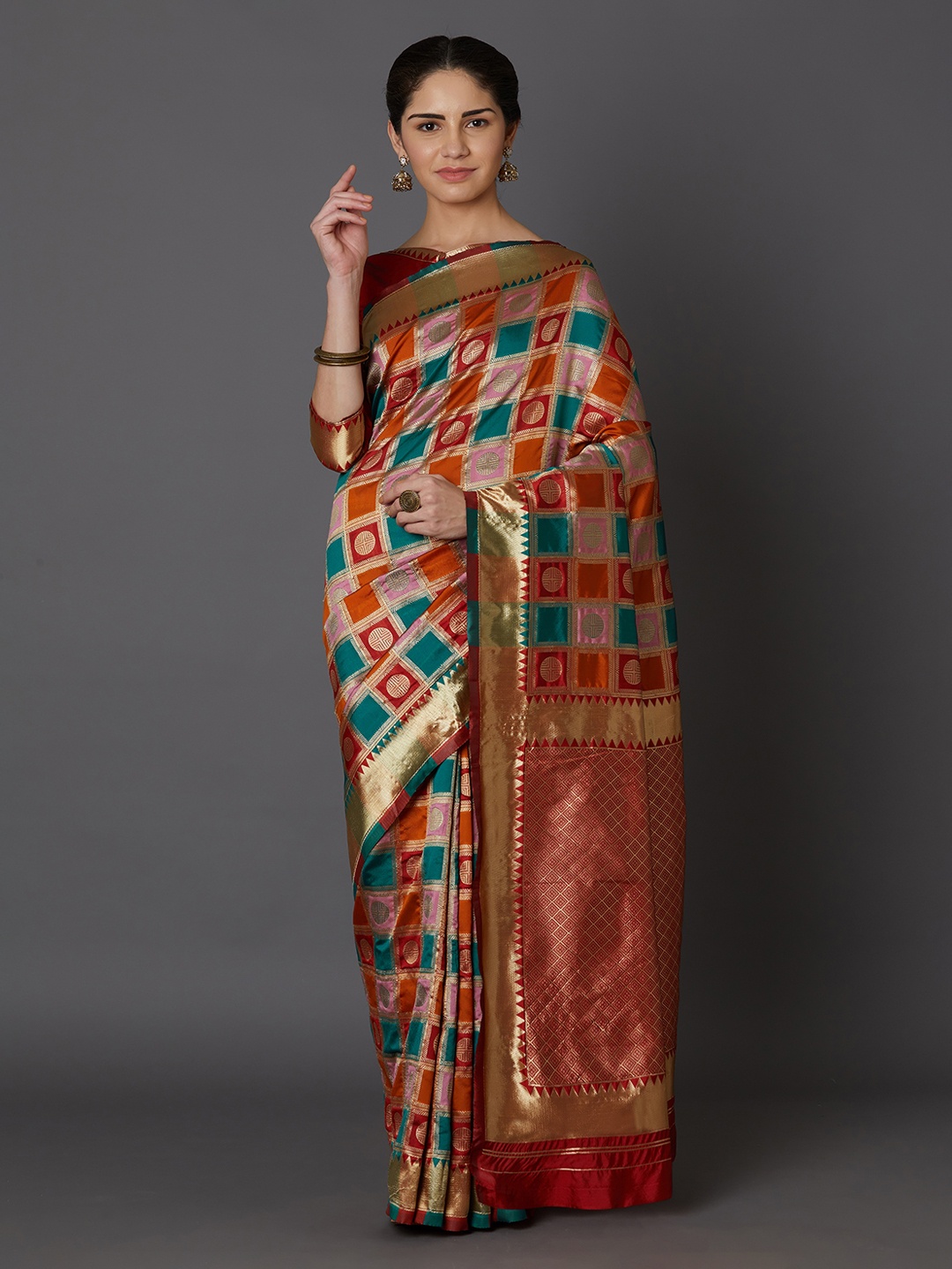 

Mitera Red & Orange Woven Design Kanjeevaram Saree