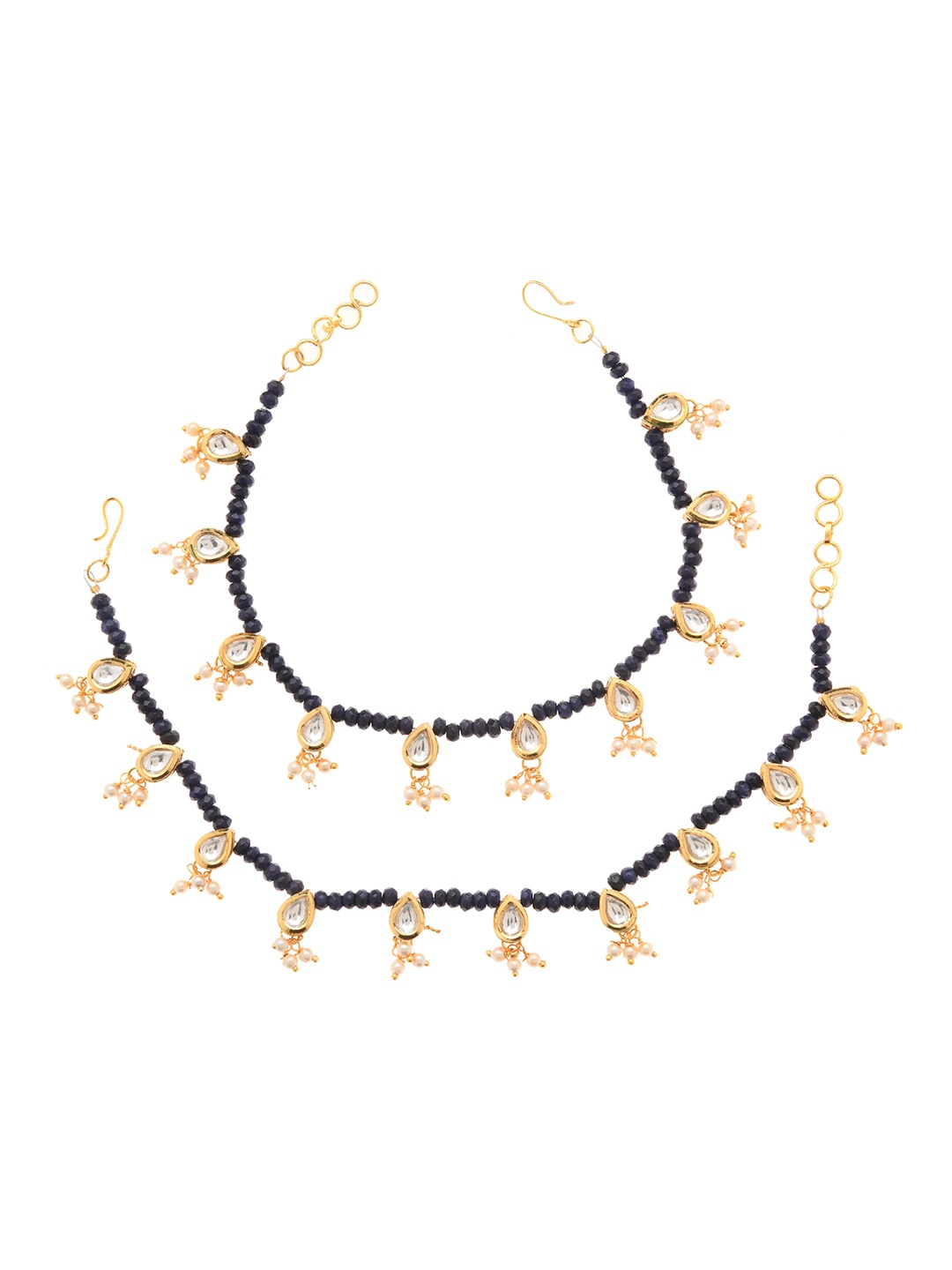 

Bamboo Tree Jewels Set of 2 Gold-Toned & Black Beaded Kundan Studded Handcrafted Anklets