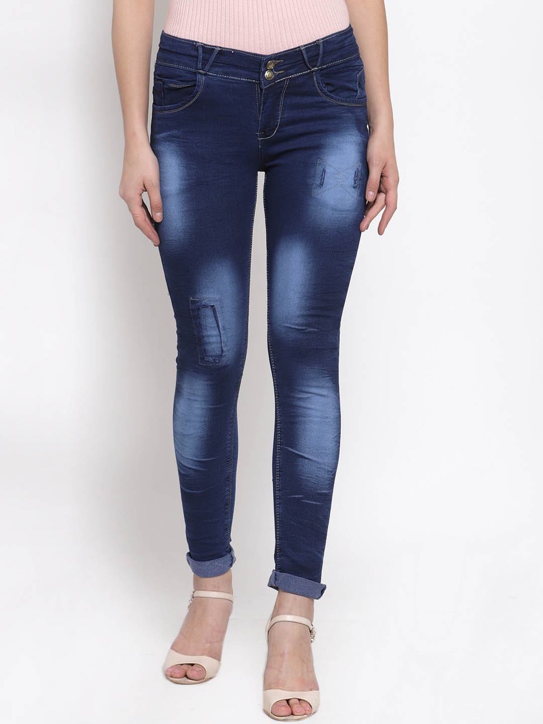 

VOXATI Women Blue Skinny Fit Mid-Rise Low Distress Jeans