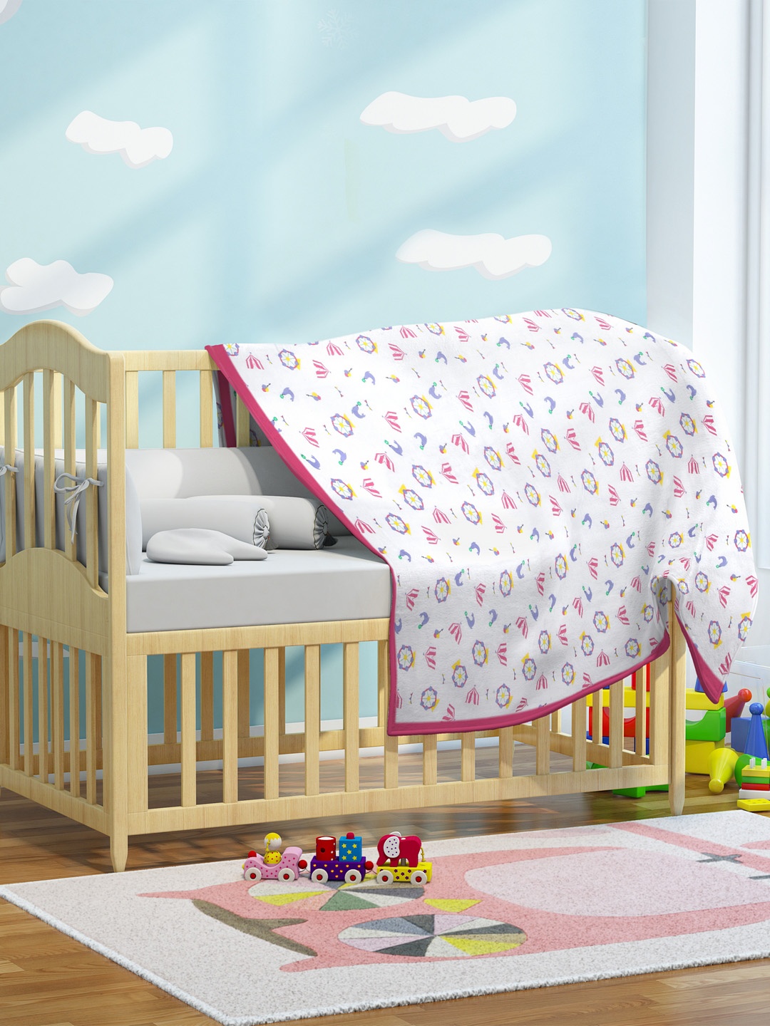 

My Milestones Kids White & Pink Printed Muslin 2 Layered Blanket