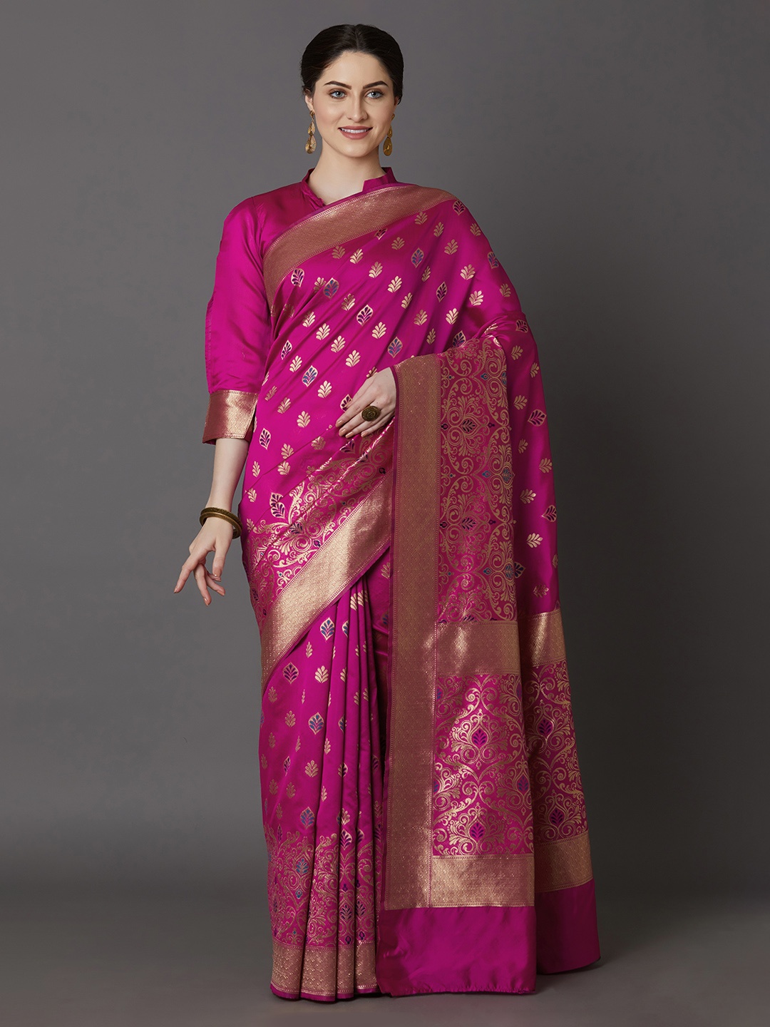 

Mitera Magenta Silk Blend Woven Design Kanjeevaram Saree