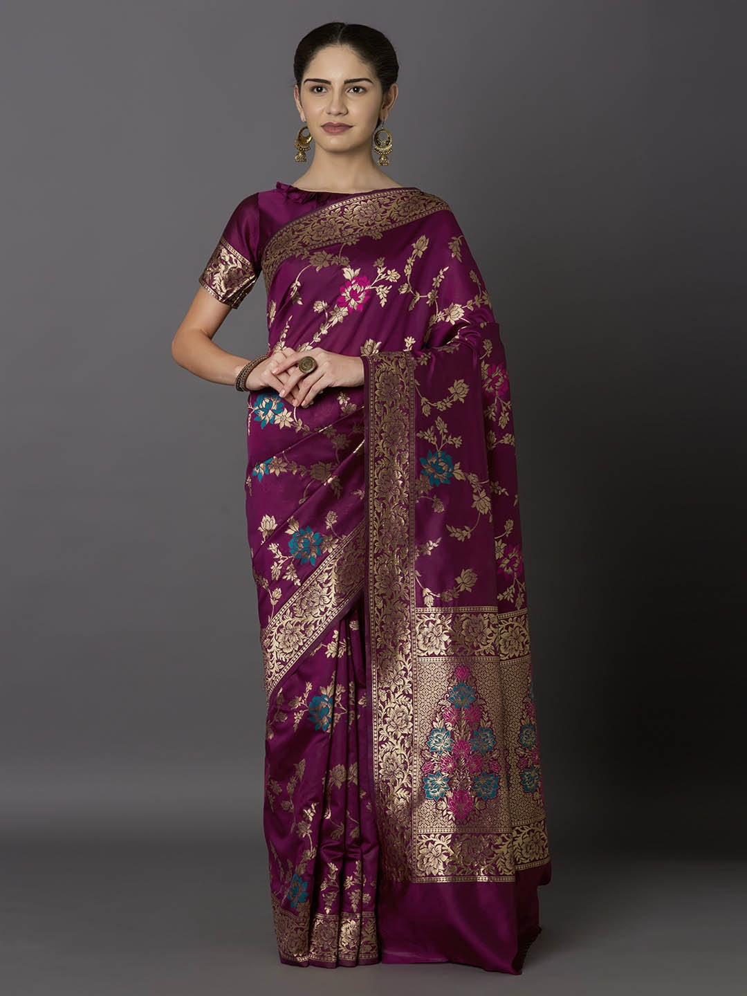 Mitera Purple & Gold-Toned Silk Blend Woven Design Kanjeevaram Saree