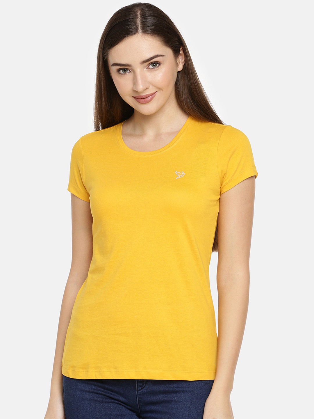

TWIN BIRDS Women Yellow Solid Round Neck Slim Fit Pure Cotton T-shirt