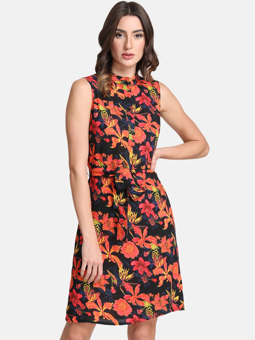 

Kazo Women Black & Yellow Floral Print Shirt Dress