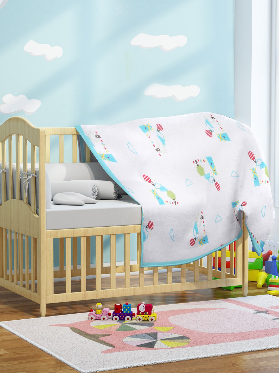 

My Milestones Kids White & Blue Printed Pure Cotton Muslin 3 Layered Blanket