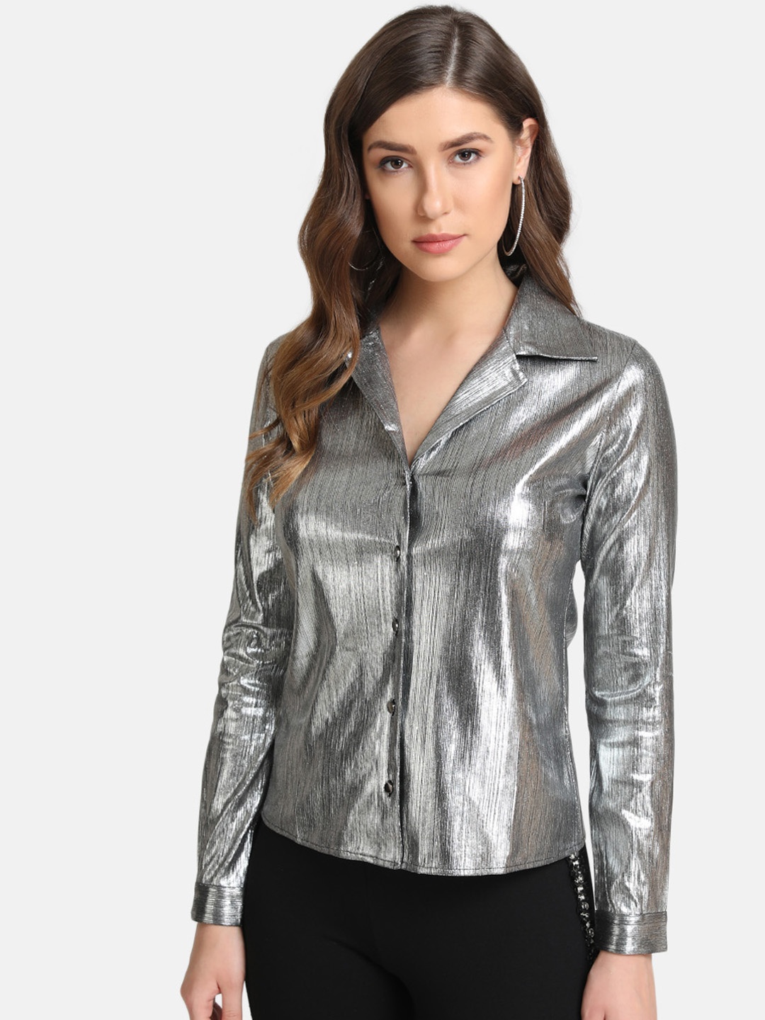 

Kazo Women Silver-Coloured Regular Fit Solid Party Shirt