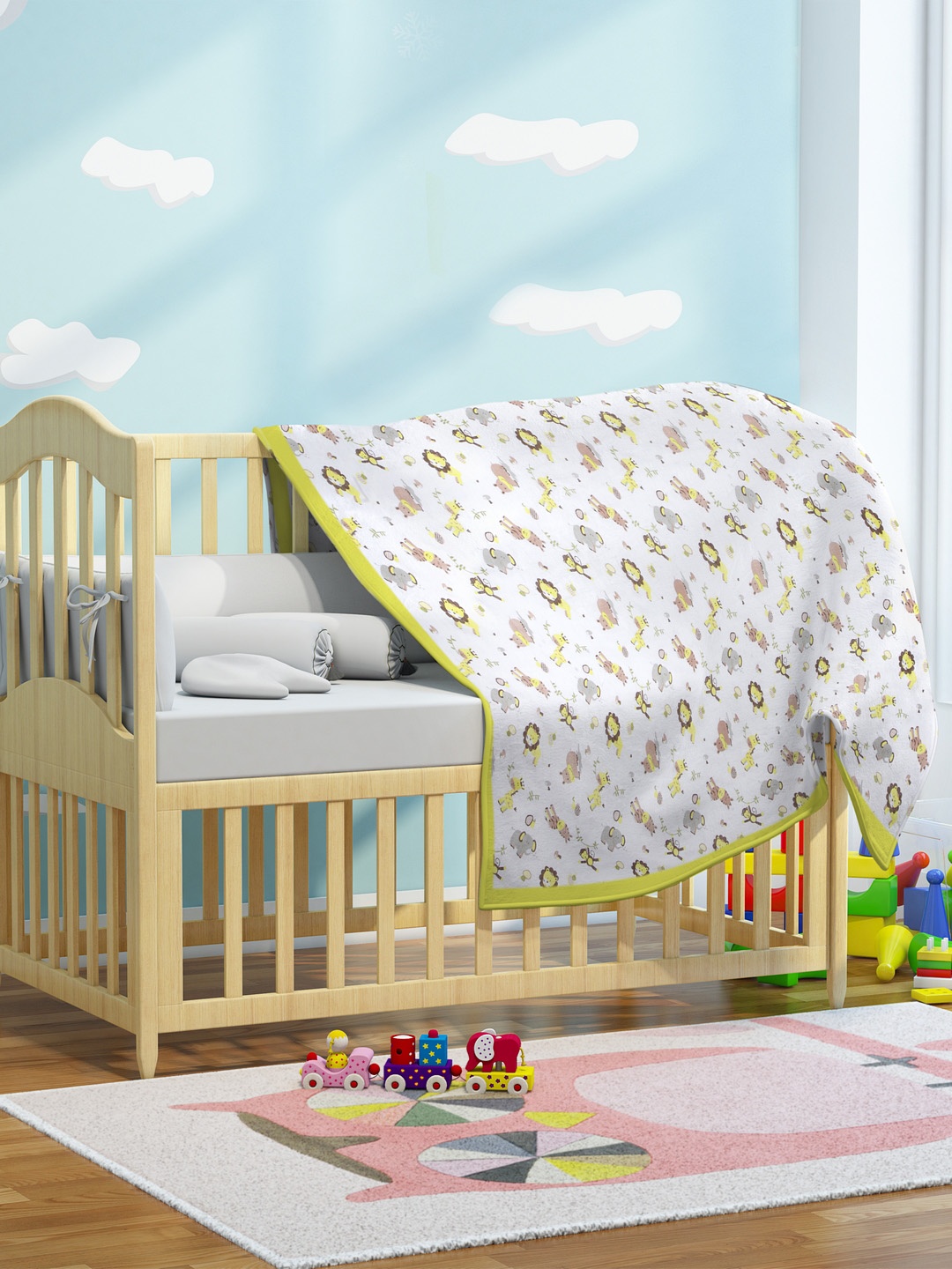 

My Milestones Kids White & Yellow Zoo Printed Pure Cotton Muslin 3 Layered Blanket