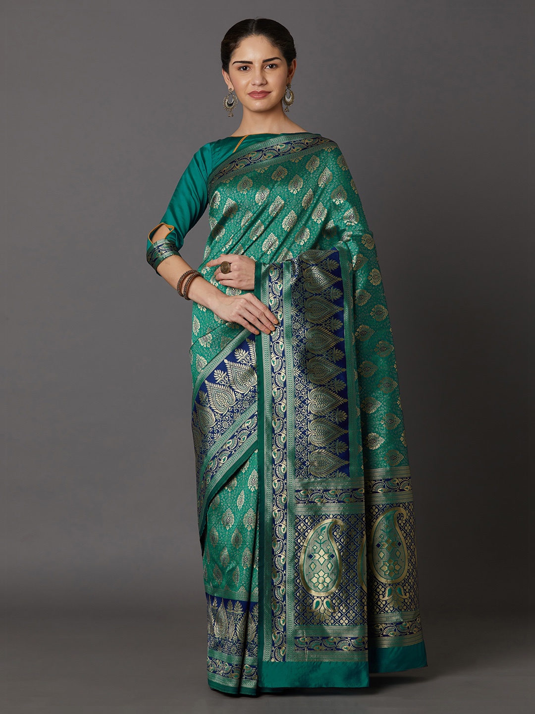 

Mitera Teal Green & Gold-Coloured Silk Blend Woven Design Kanjeevaram Saree