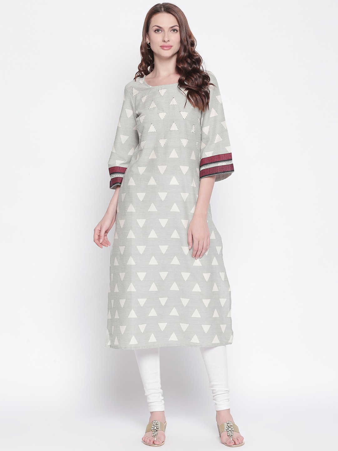 

RANGMANCH BY PANTALOONS Women Off-White & Green Printed Straight Kurta