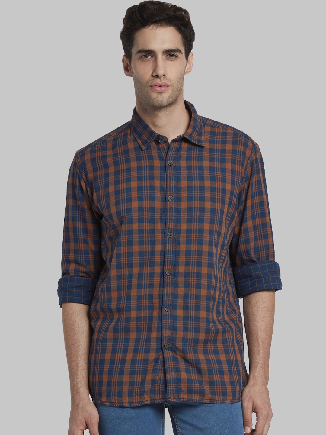 

Parx Men Rust Brown & Navy Blue Slim Fit Checked Casual Shirt