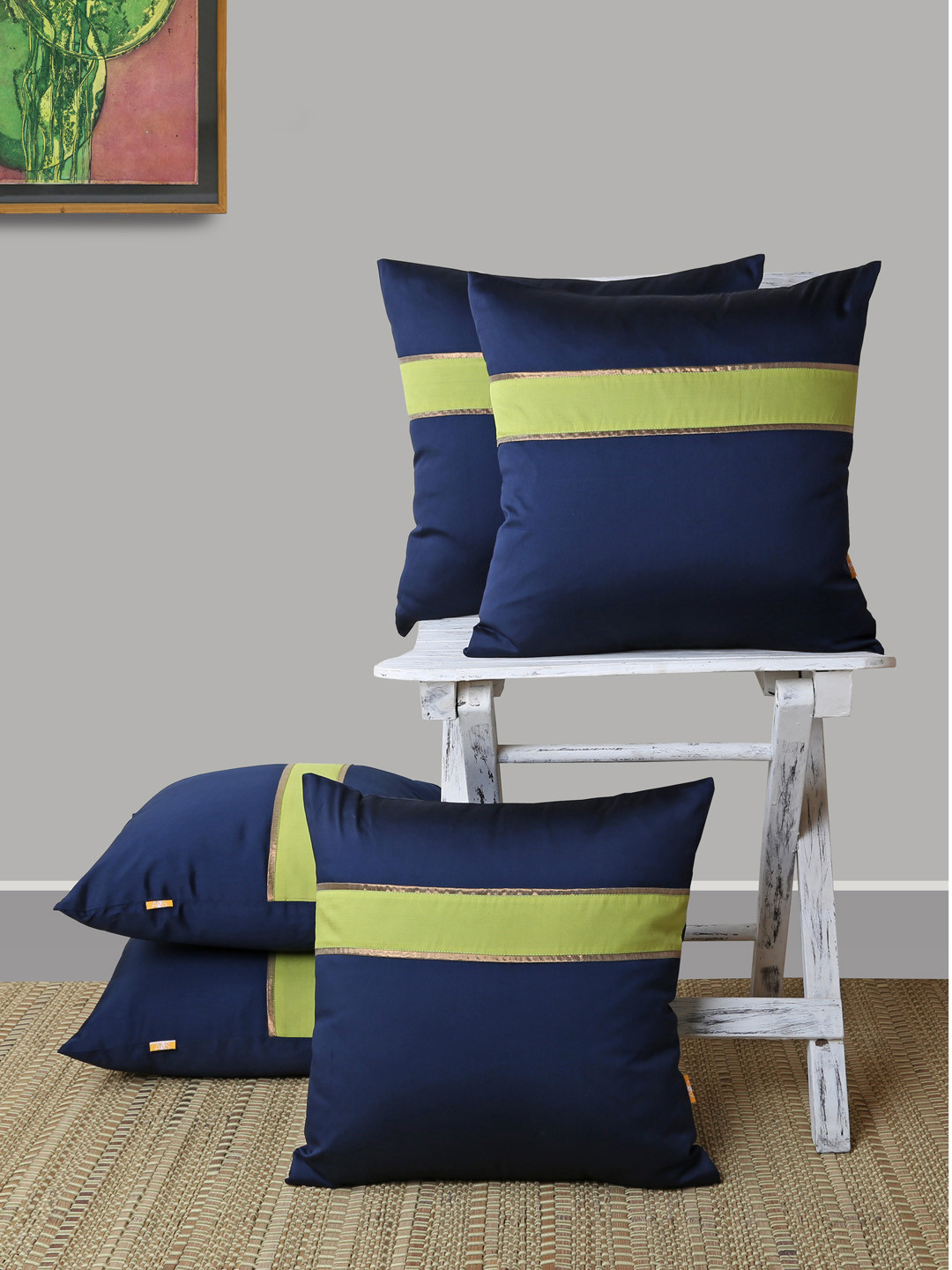 

ANS Navy Blue & Lime Green Set of 5 Striped Square Cushion Covers