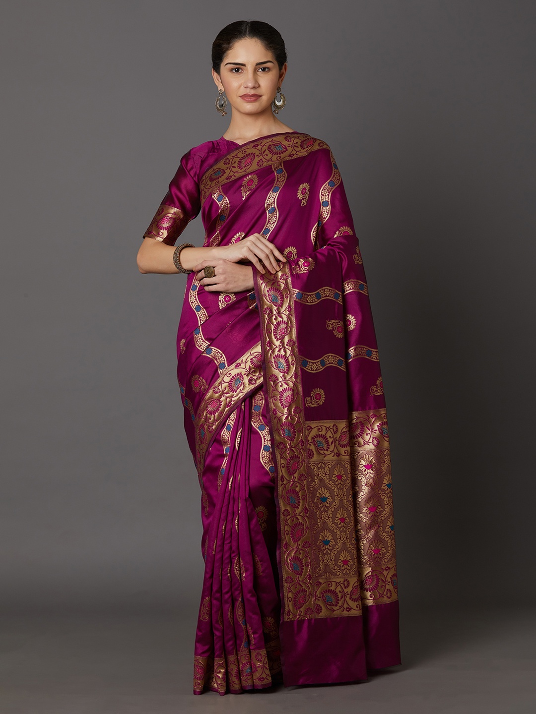 

Mitera Magenta Silk Blend Printed Kanjeevaram Saree