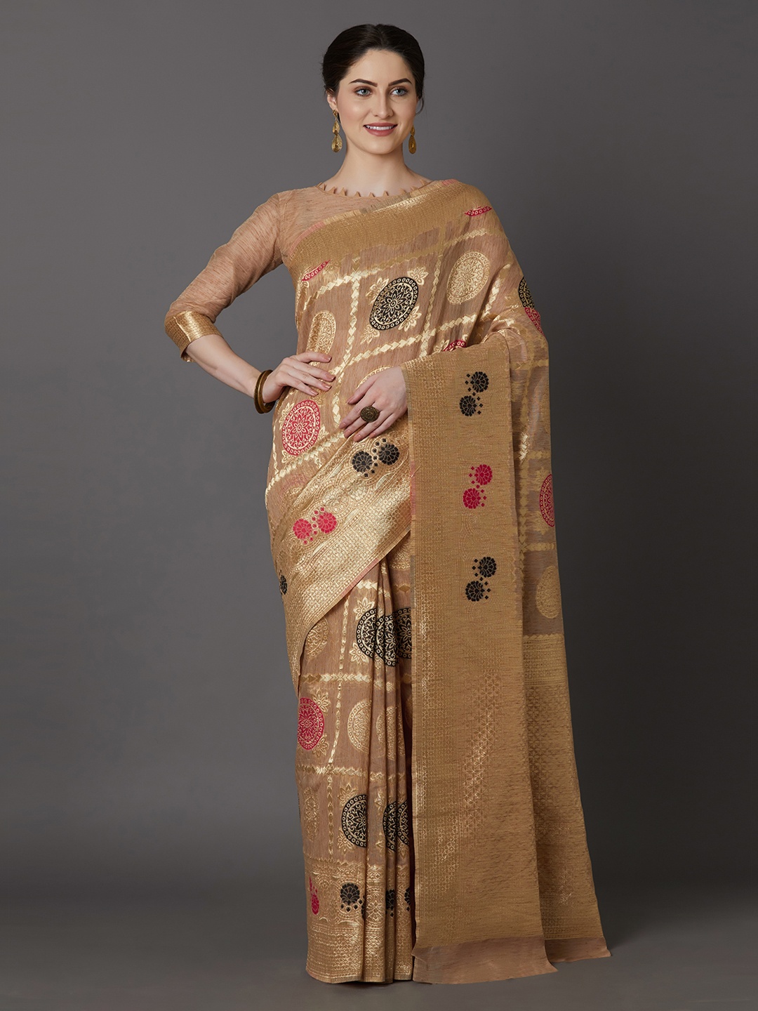 

Mitera Gold-Toned & Peach-Coloured Silk Blend Woven Design Kanjeevaram Saree