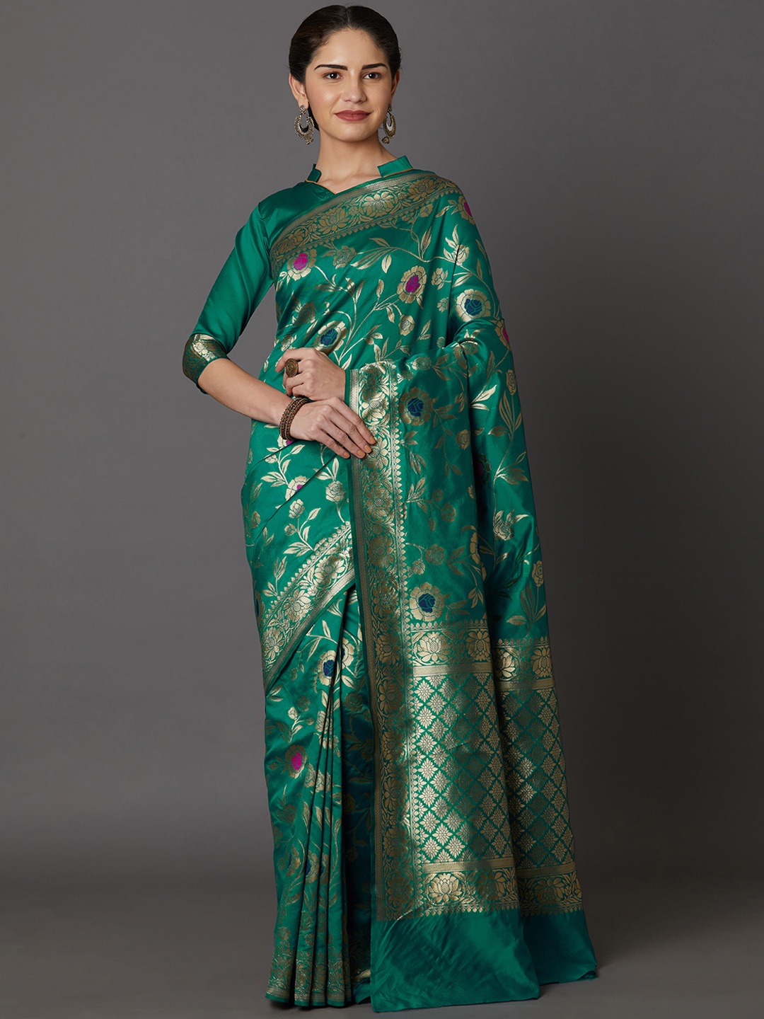 Mitera Green & Gold-Toned Silk Blend Woven Design Kanjeevaram Saree