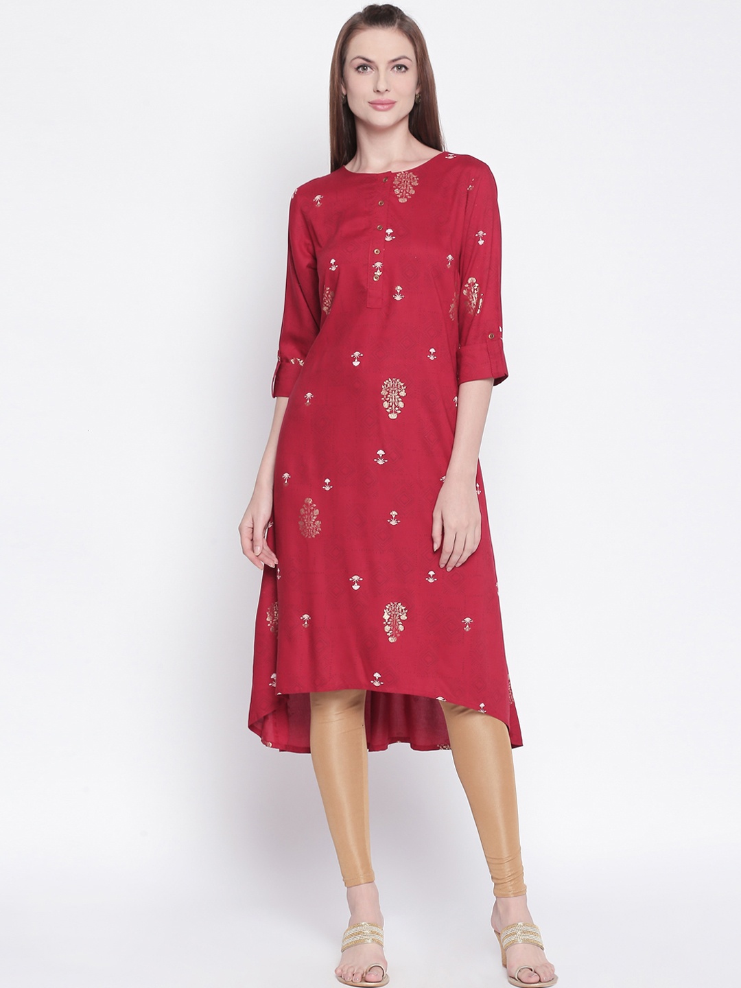 

RANGMANCH BY PANTALOONS Women Red & Gold-Toned Printed A-Line Kurta