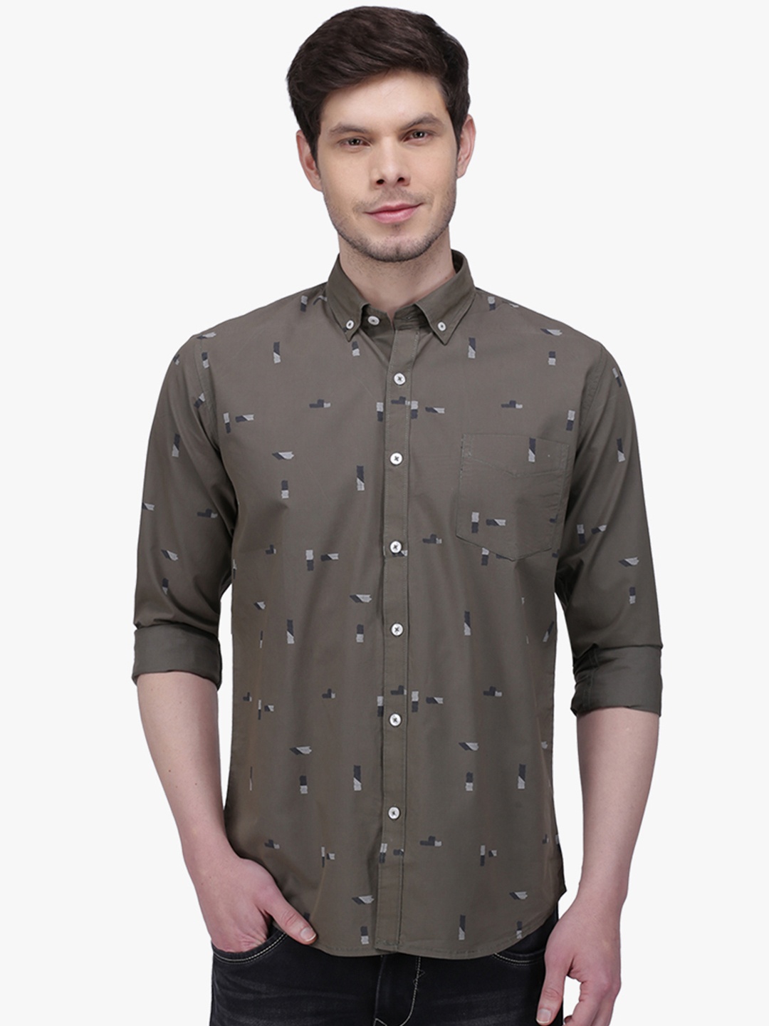 

Southbay Men Olive Green & Grey Slim Fit Printed Casual Shirt