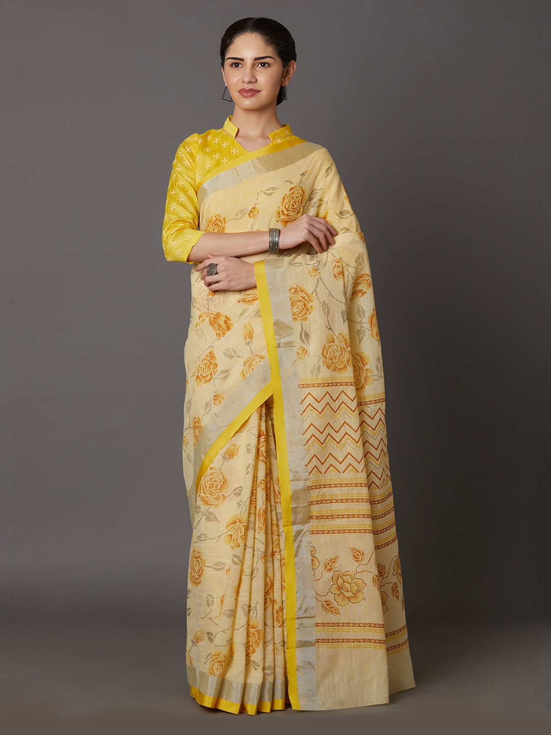 

Mitera Yellow Linen Blend Printed Khadi Saree