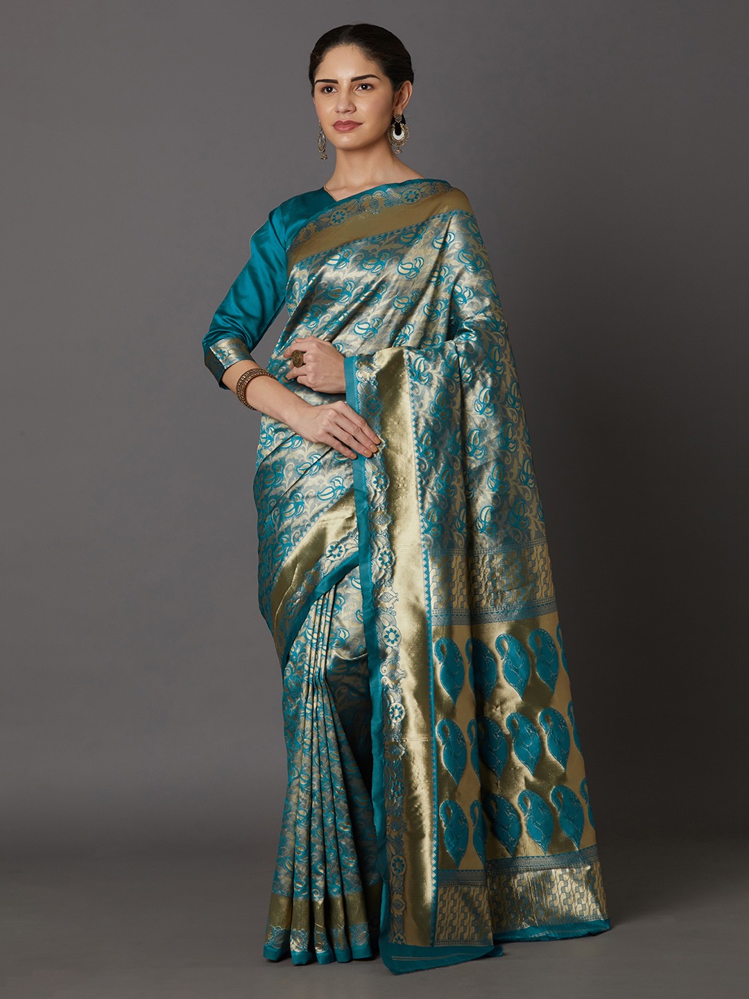 

Mitera Turquoise Blue & Gold-Coloured Silk Blend Woven Design Kanjeevaram Saree