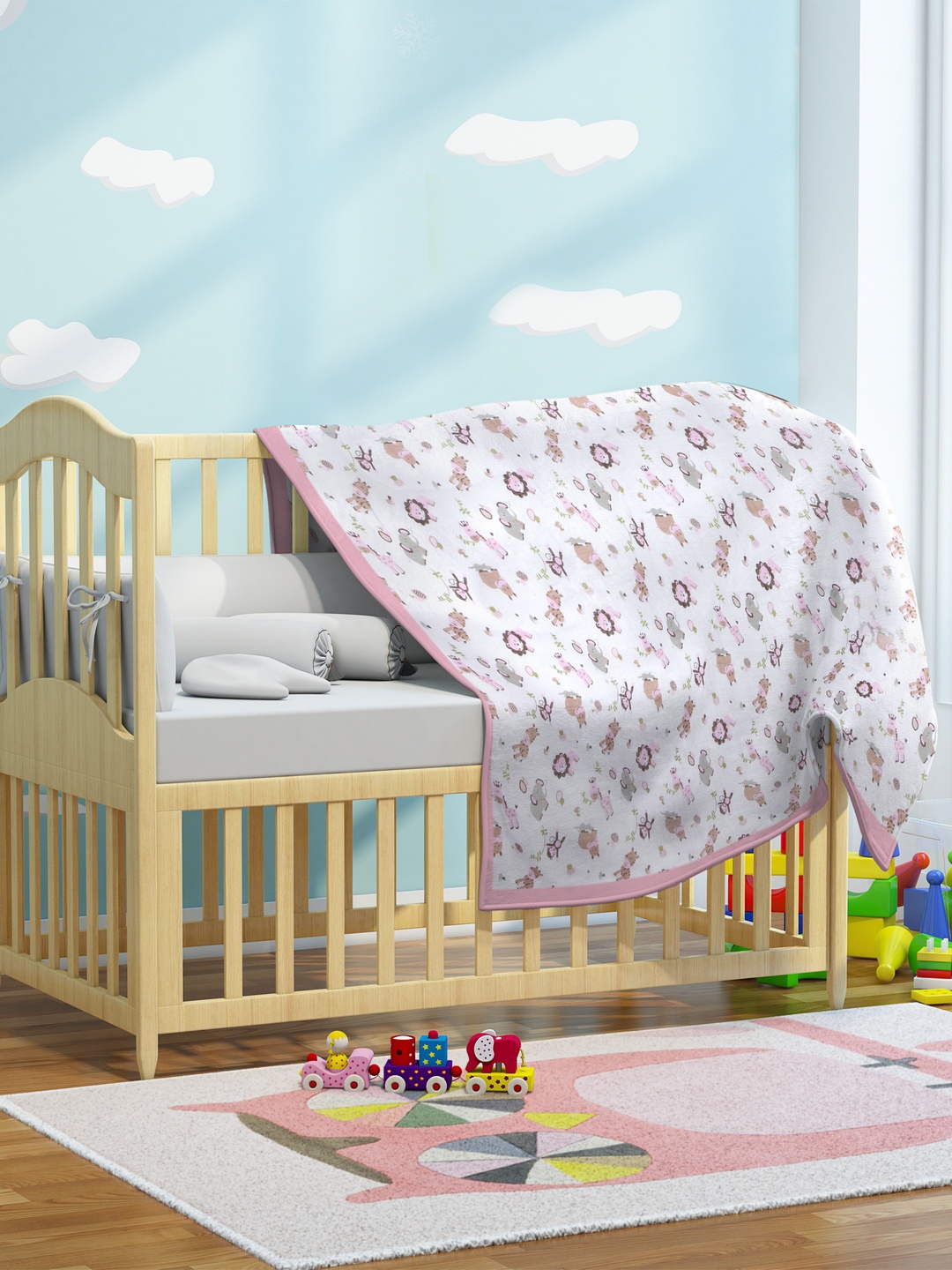 

My Milestones Kids White & Pink Zoo Printed Muslin 2 Layered Blanket