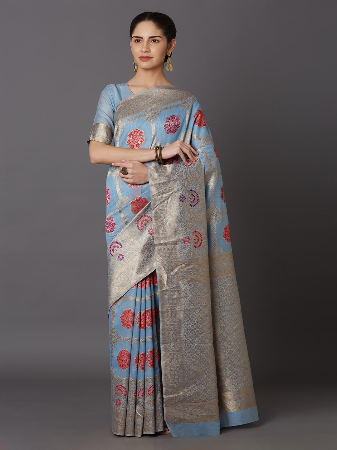 

Mitera Blue & Gold-Toned Silk Blend Woven Design Kanjeevaram Saree