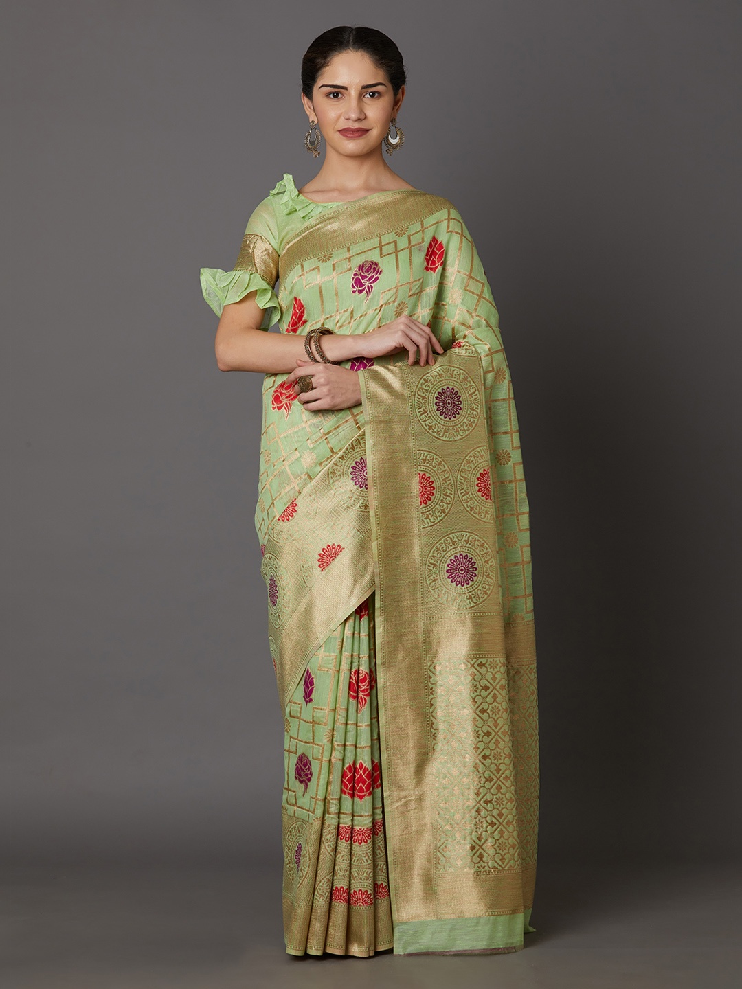 

Mitera Green Silk Blend Woven Design Kanjeevaram Saree