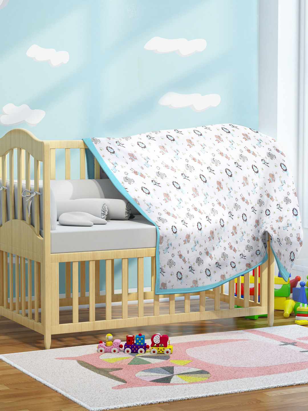 

My Milestones Kids White & Blue Zoo Printed Pure Cotton Muslin 2 Layered Blanket