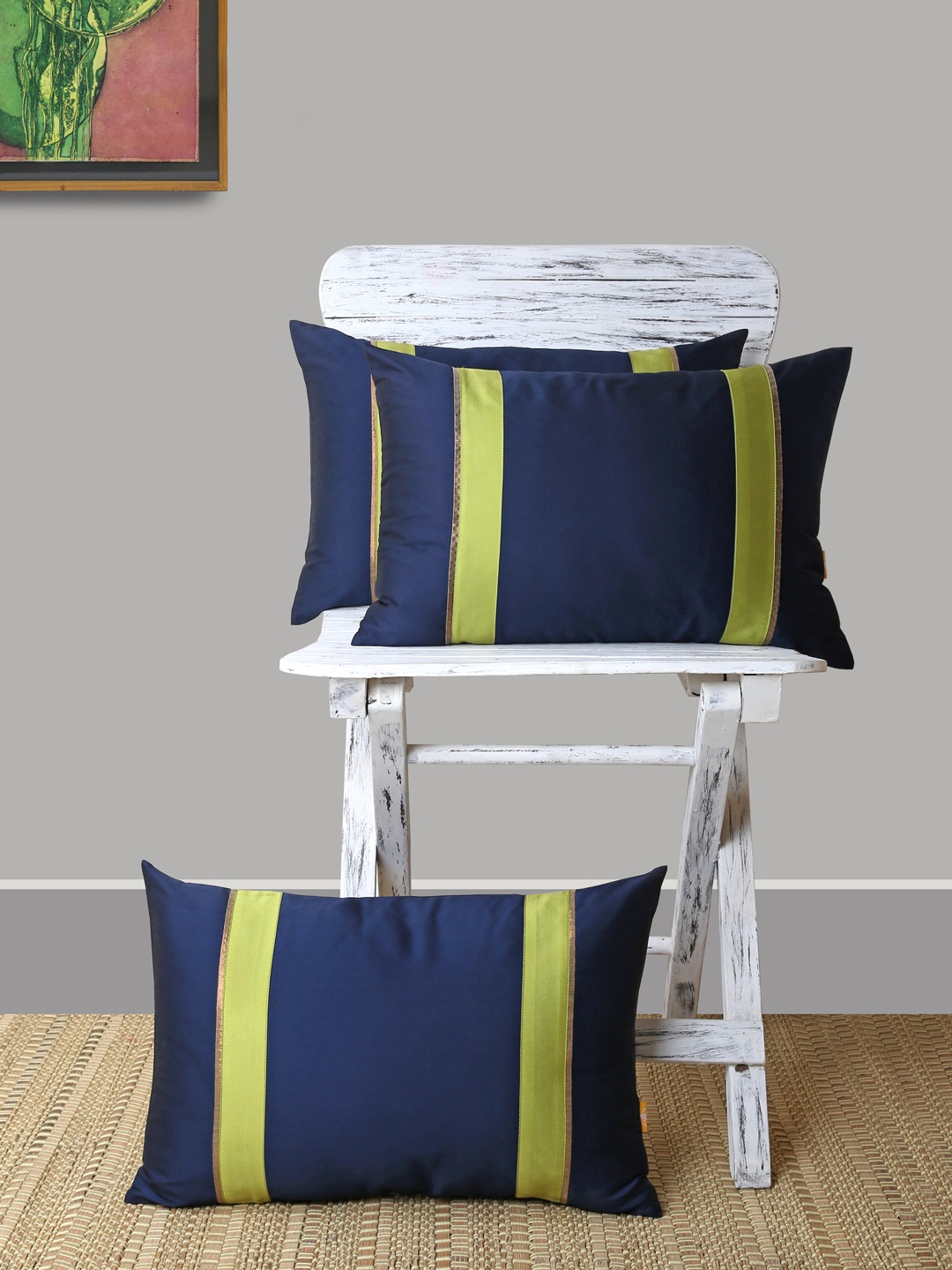 

ANS Navy Blue & Lime Green Set of 3 Striped Rectangle Cushion Covers