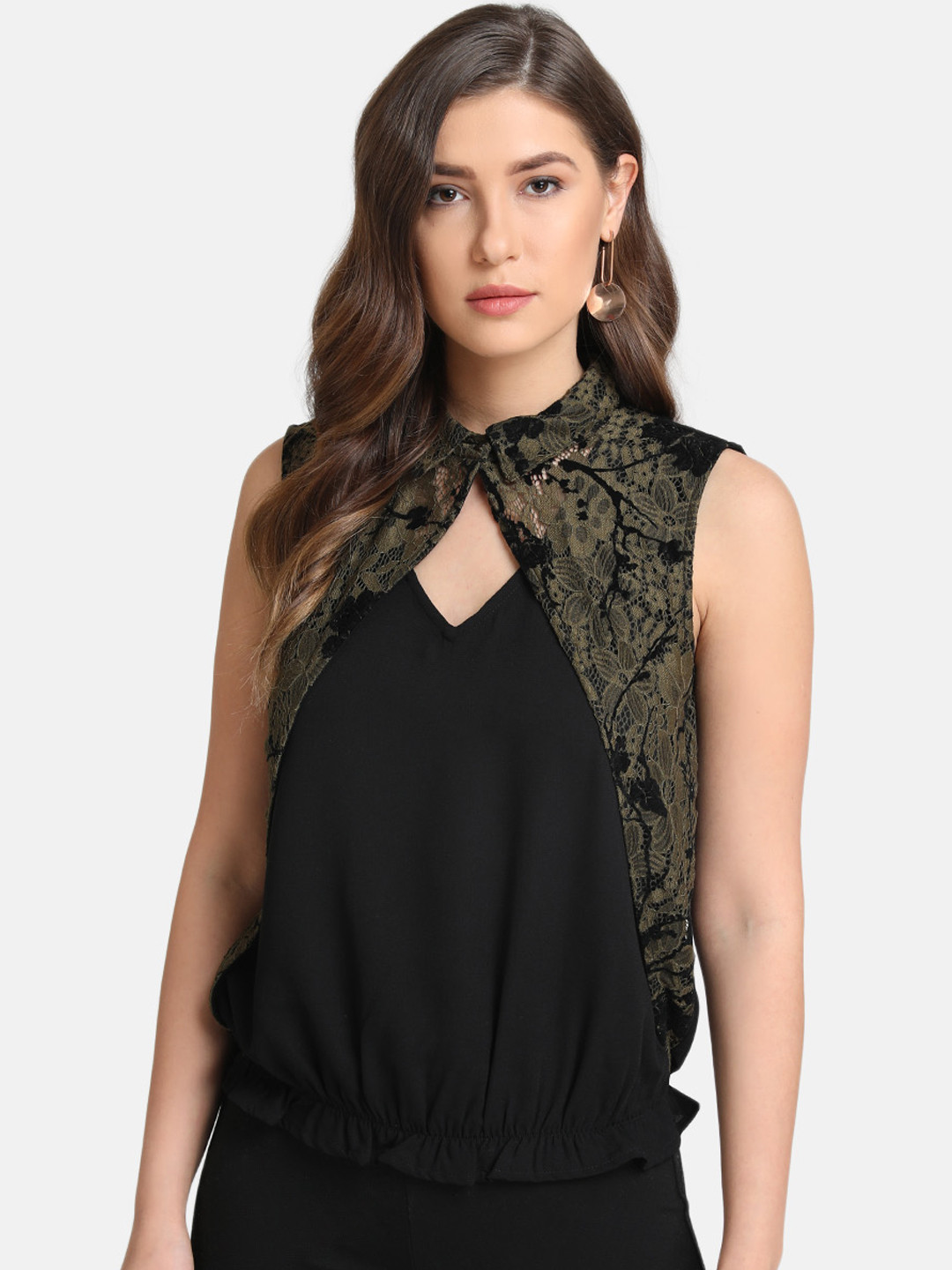 

Kazo Women Black Lace Detailed Cinched Waist Top