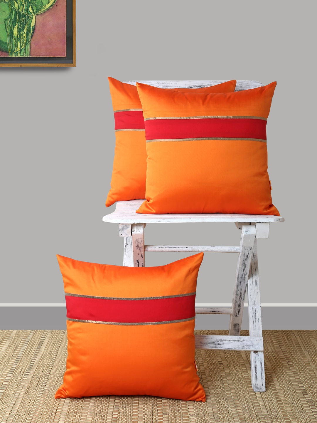 

ANS Orange & Red Set of 3 Striped Square Cushion Covers