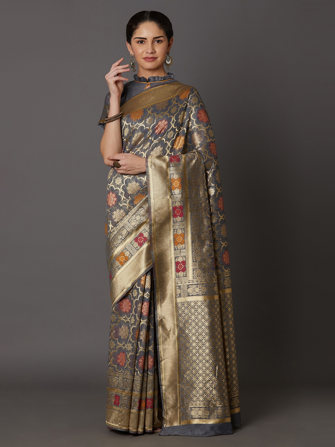 

Mitera Grey Silk Blend Woven Design Kanjeevaram Saree