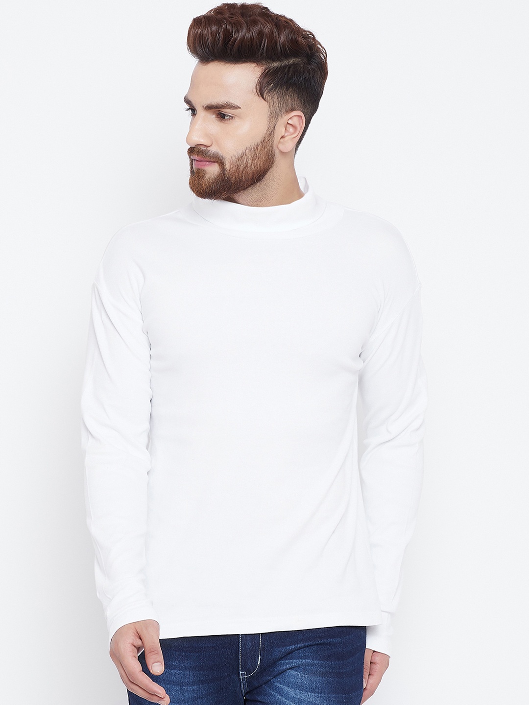 

Hypernation Men White Solid High Neck T-shirt