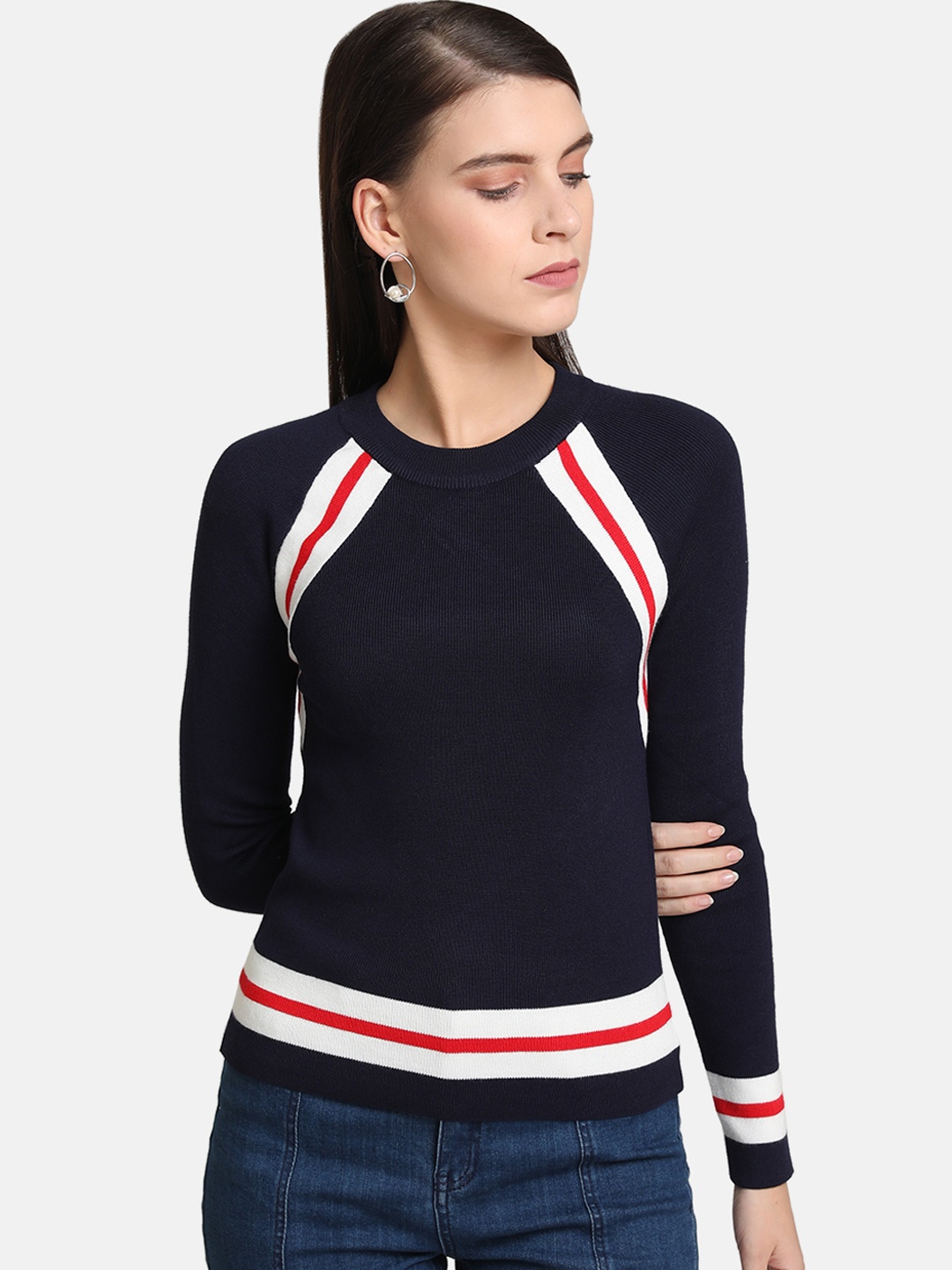 

Kazo Women Navy Blue Striped Pullover Sweater