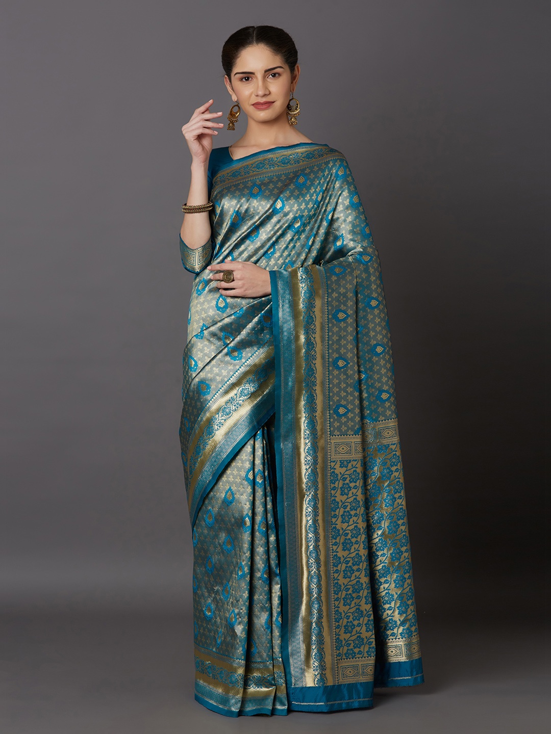 

Mitera Turquoise Blue & Gold-Toned Silk Blend Woven Design Kanjeevaram Saree
