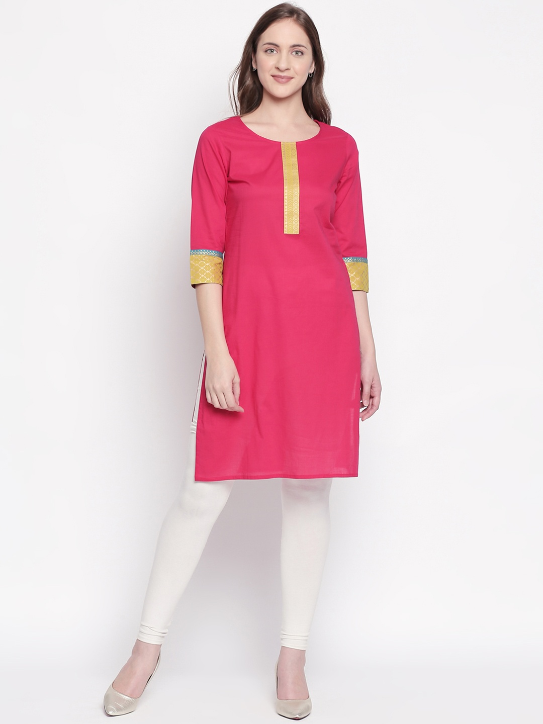 

RANGMANCH BY PANTALOONS Women Fuchsia Pink Yoke Design Straight Kurta