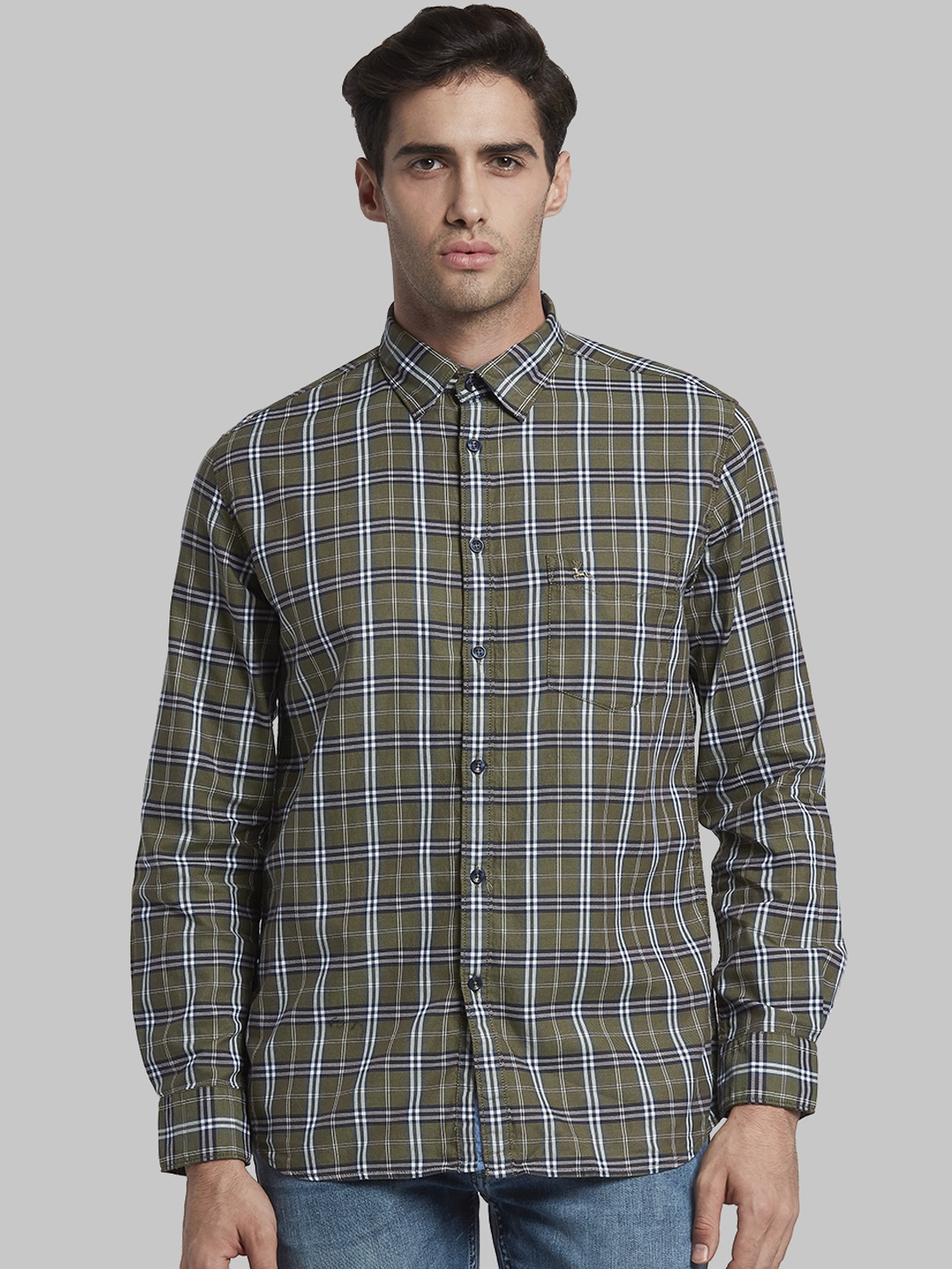 

Parx Men Green & Grey Slim Fit Checked Casual Shirt