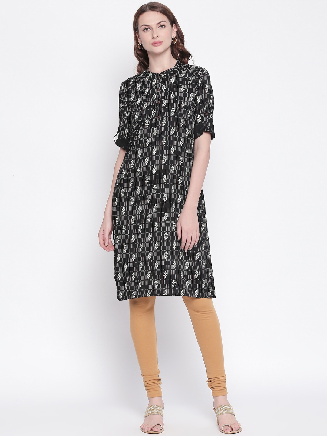 

RANGMANCH BY PANTALOONS Women Black & White Printed Straight Kurta