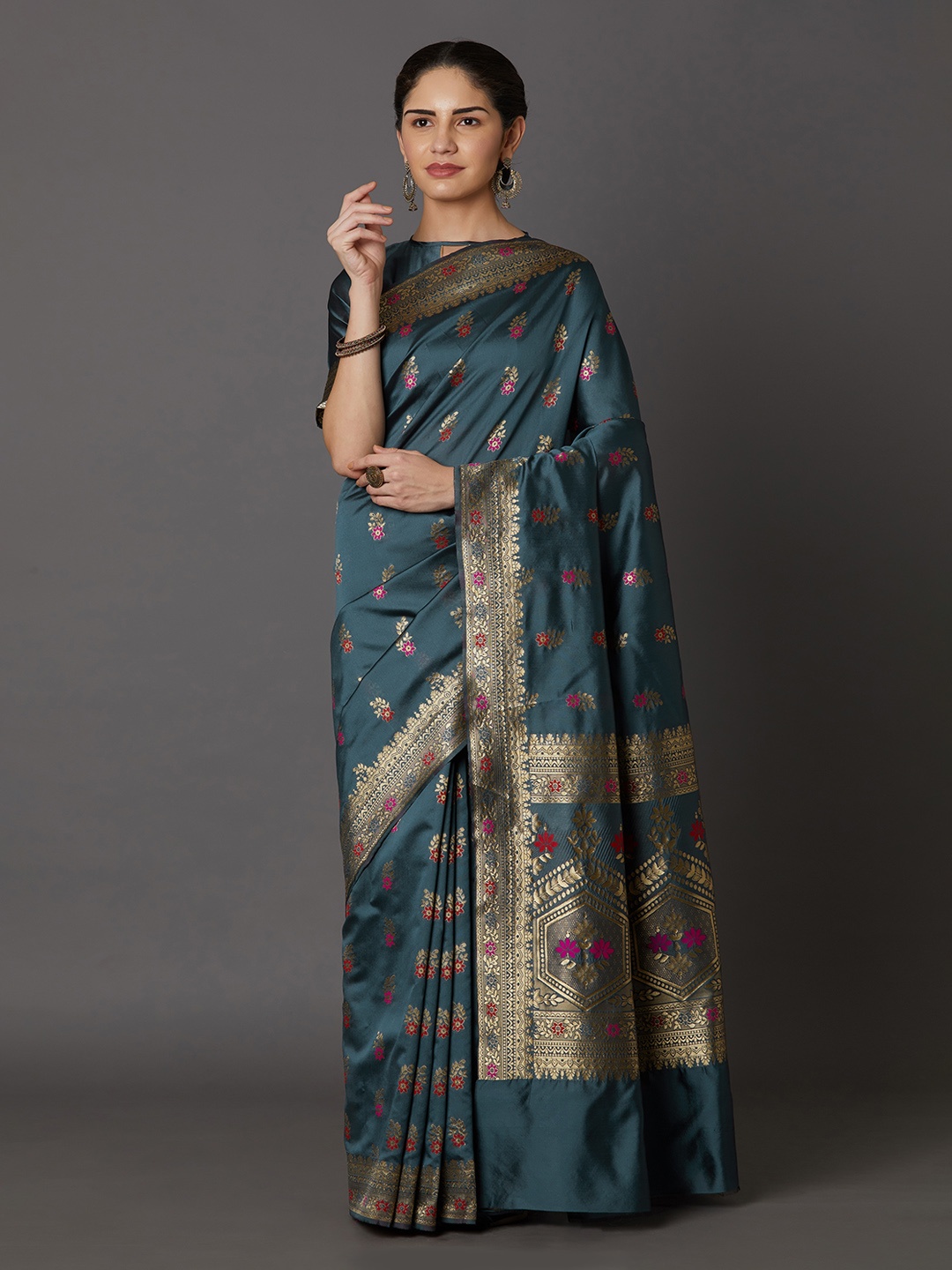 

Mitera Teal Green & Gold-Coloured Silk Blend Woven Design Kanjeevaram Saree