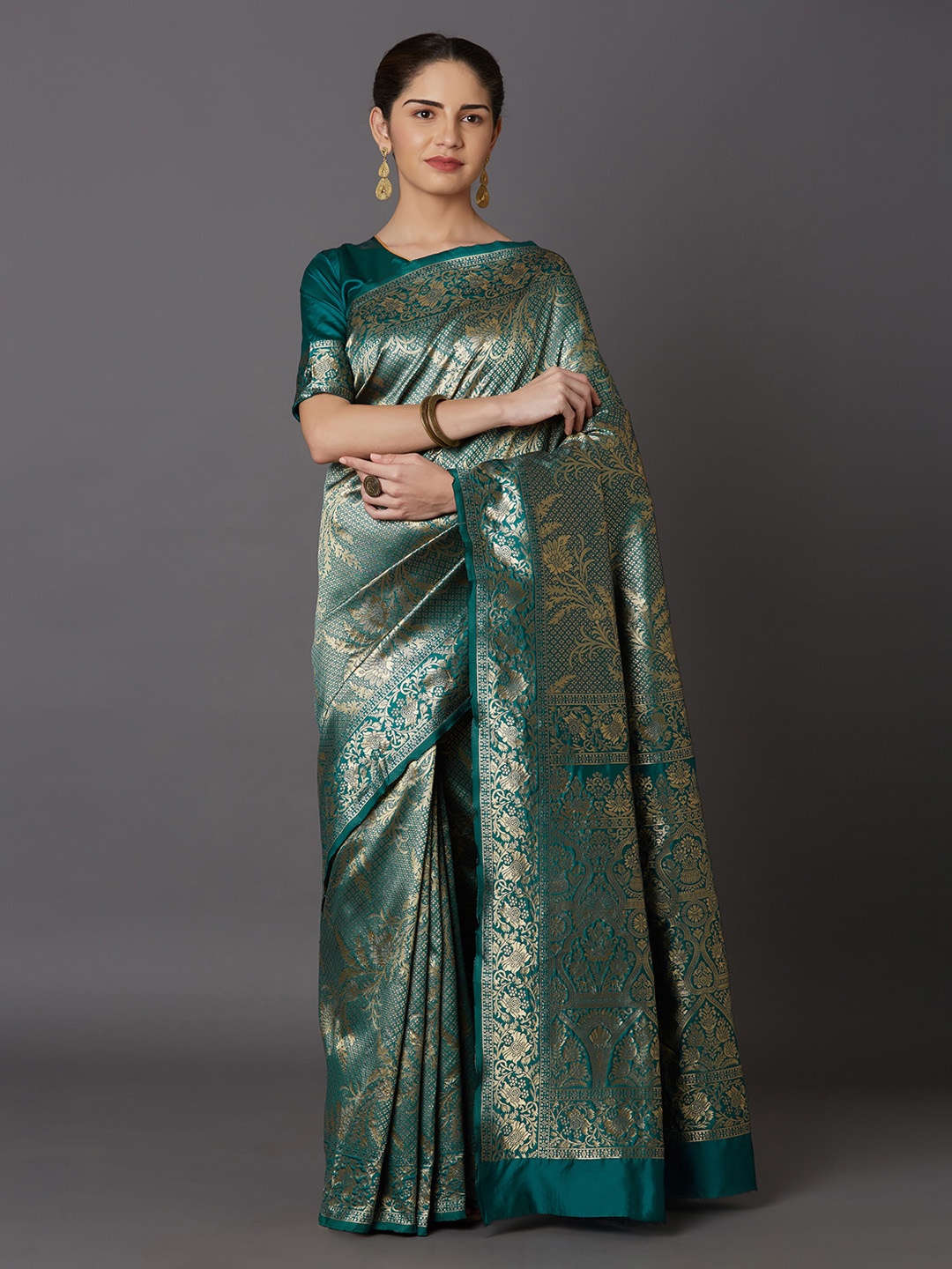 

Mitera Teal Green & Gold-Toned Silk Blend Woven Design Kanjeevaram Saree