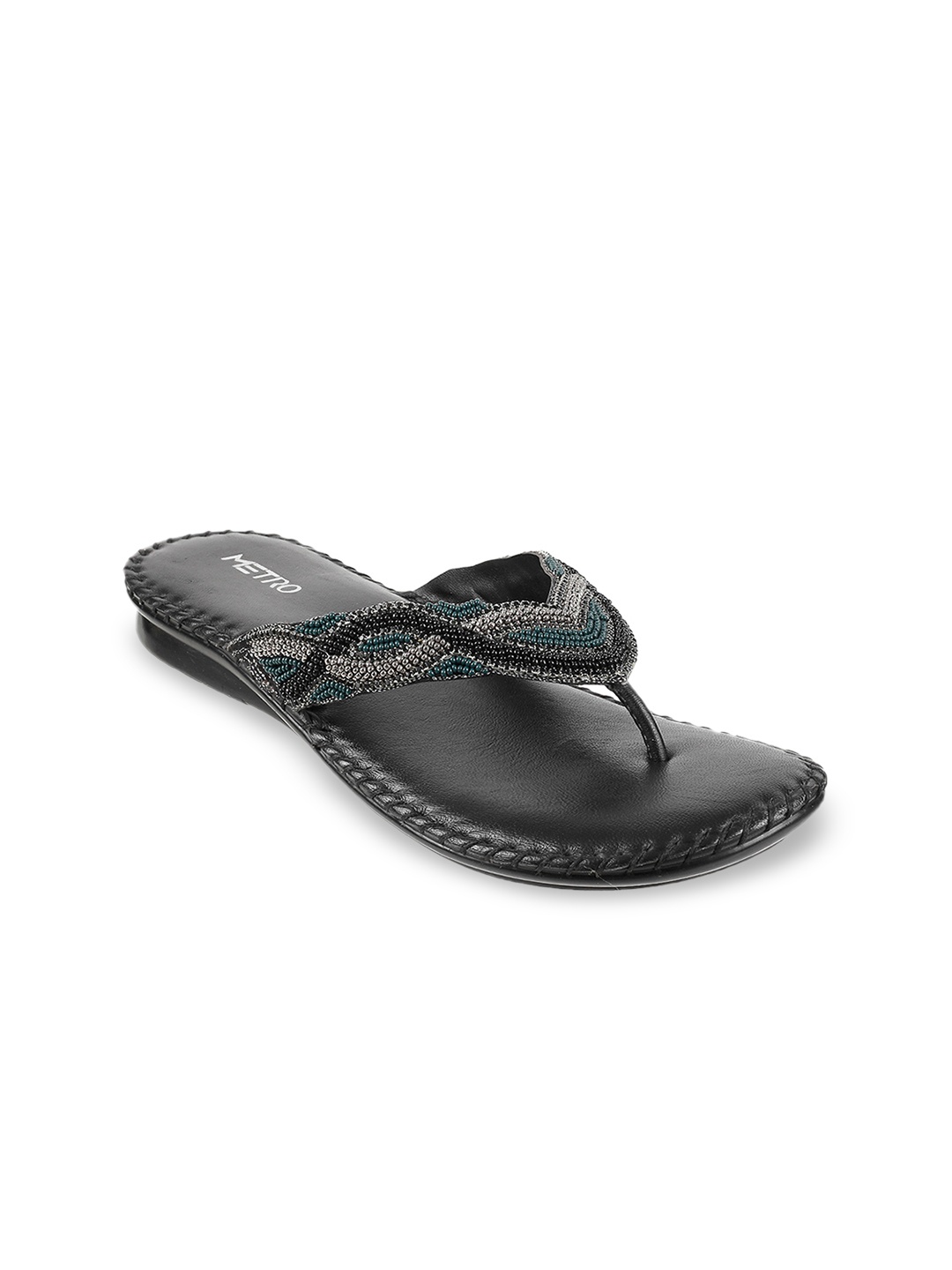 

Metro Women Silver-Toned & Blue Embellished Leather Open Toe Flats
