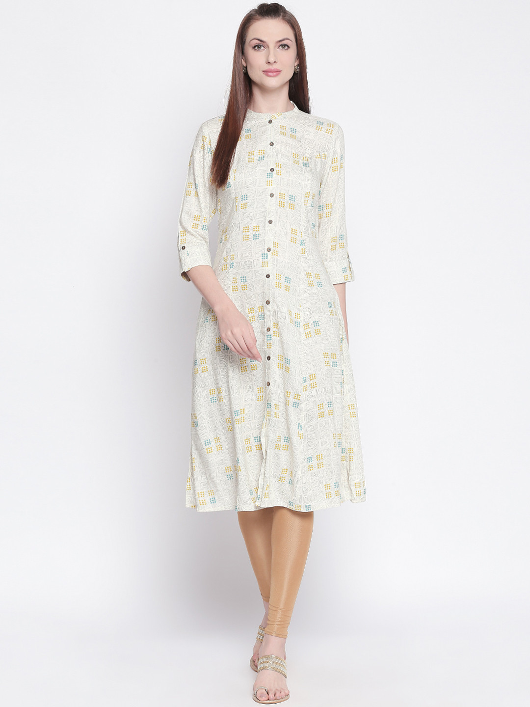

RANGMANCH BY PANTALOONS Women Off-White & Yellow Printed A-Line Kurta