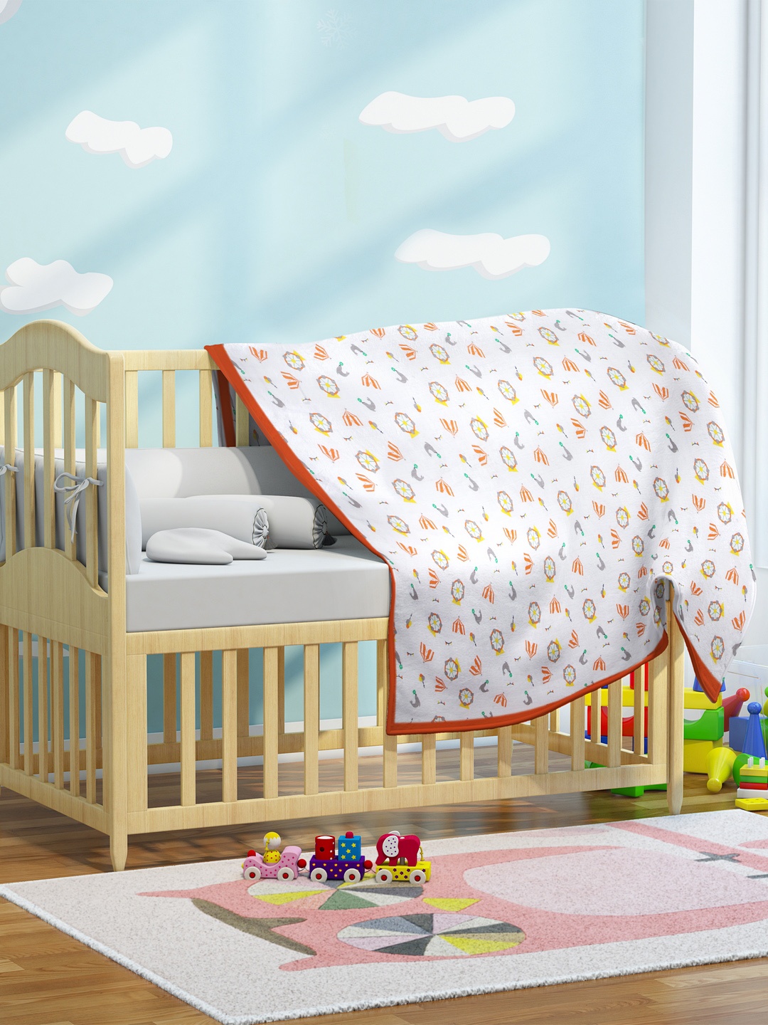 

My Milestones Kids White & Orange Carnival Printed Muslin 2 Layered Blanket