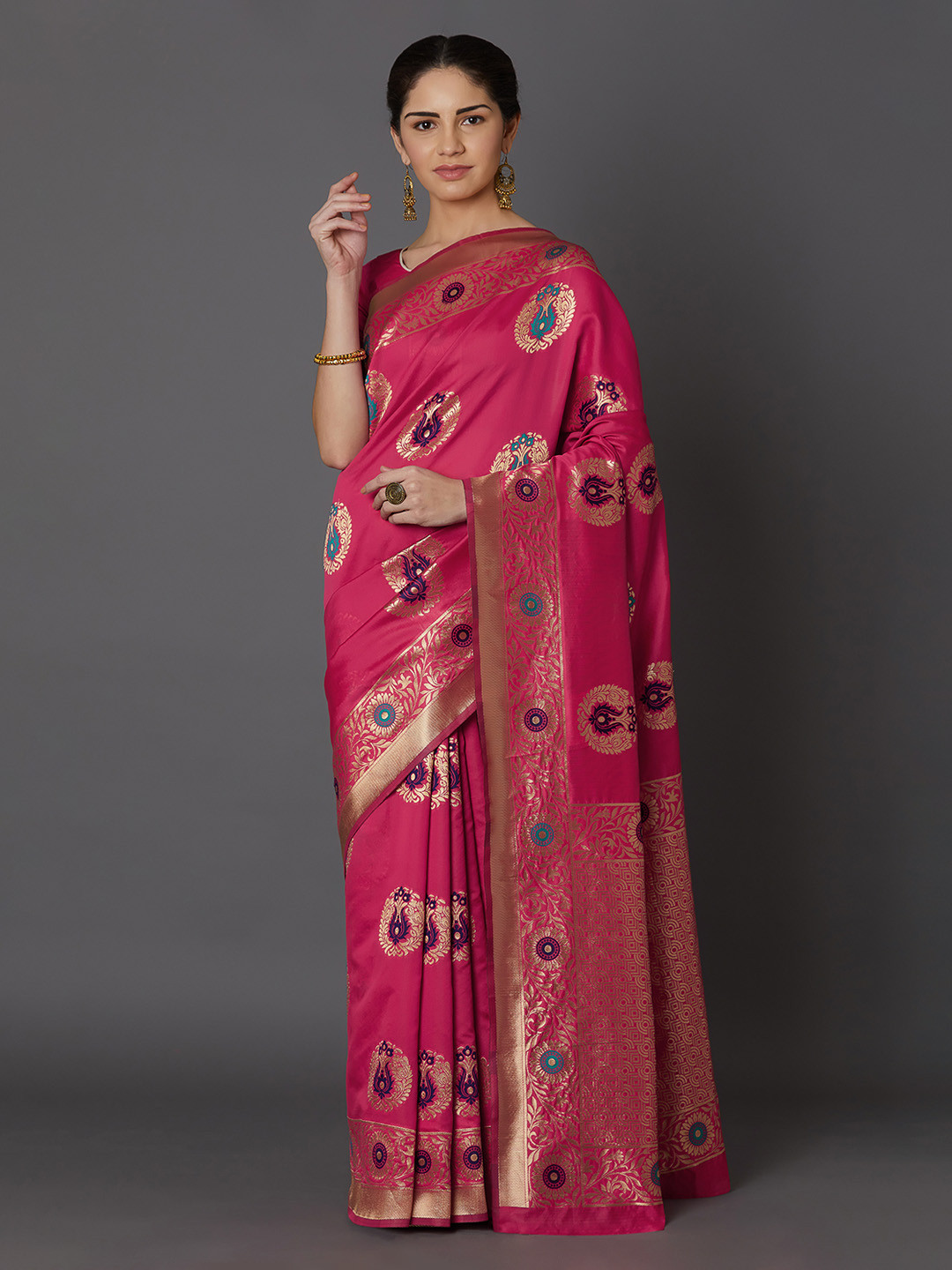 

Mitera Pink & Golden Woven Design Kanjeevaram Saree