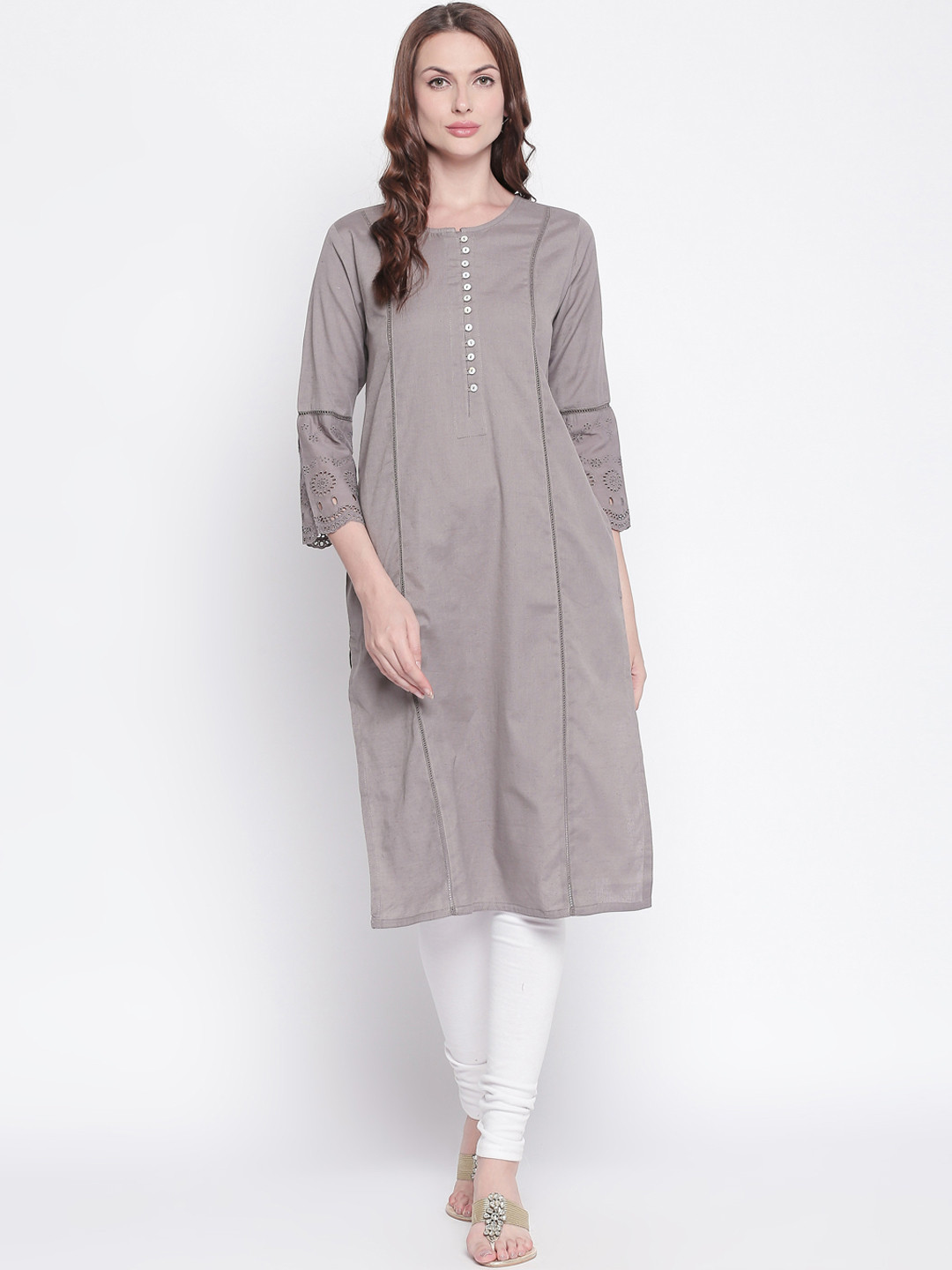 

RANGMANCH BY PANTALOONS Women Grey Woven Design Straight Kurta
