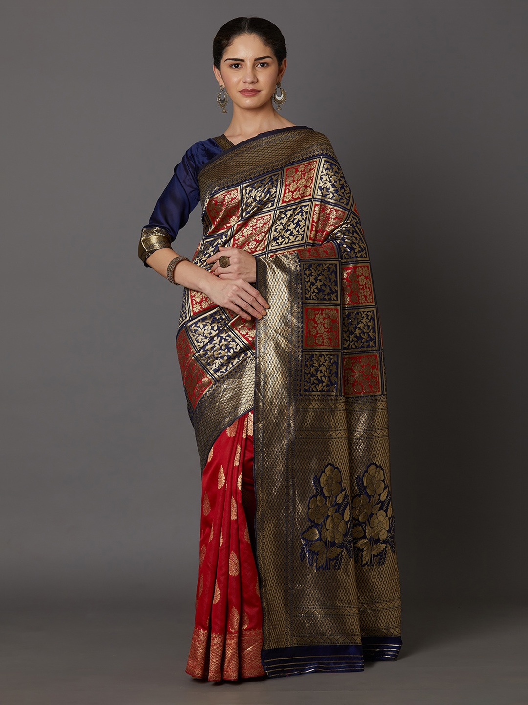

Mitera Maroon & Gold-Coloured Silk Blend Woven Design Kanjeevaram Saree