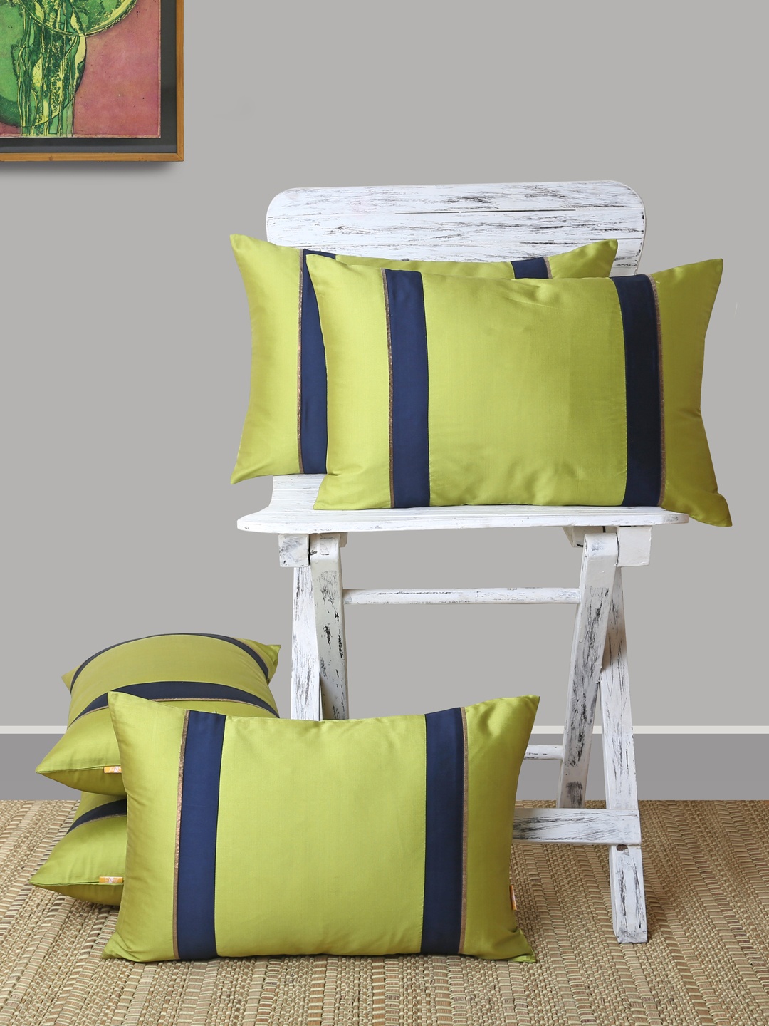 

ANS Lime Green & Navy Blue Set of 5 Striped Rectangle Cushion Covers