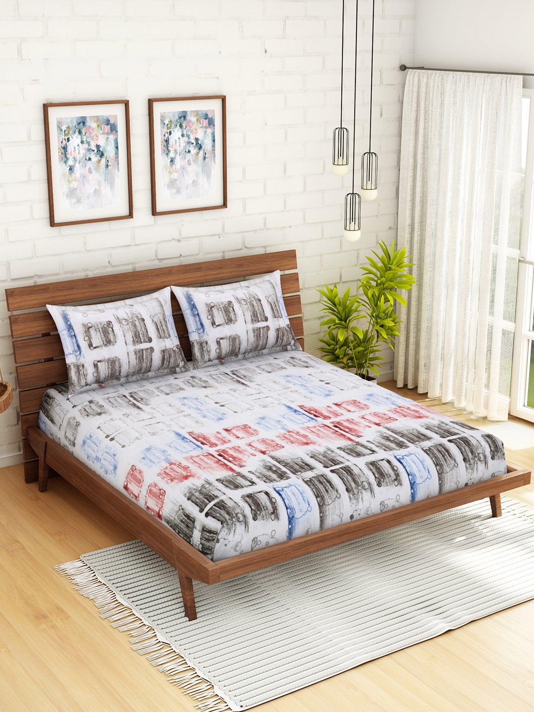 

WELHOME Off-White & Grey Geometric 200 TC 1 Microfibre Queen Bedsheet with 2 Pillow Covers