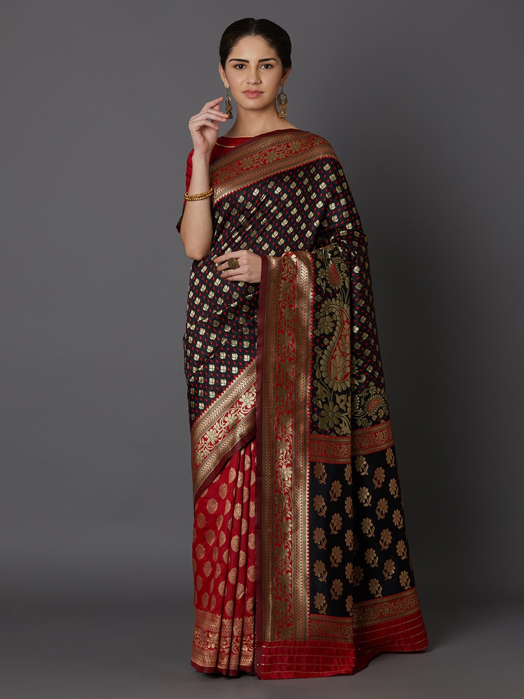 

Mitera Black & Red Woven Design Kanjeevaram Saree