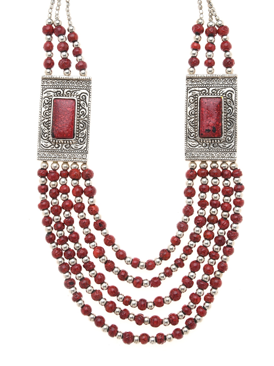 

Bamboo Tree Jewels Red & Silver-Toned Handcrafted Necklace
